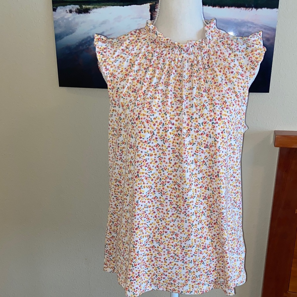 Adrianna Papell Floral Flutter Sleeves Frilly Collar Sleeveless Blouse Flowers